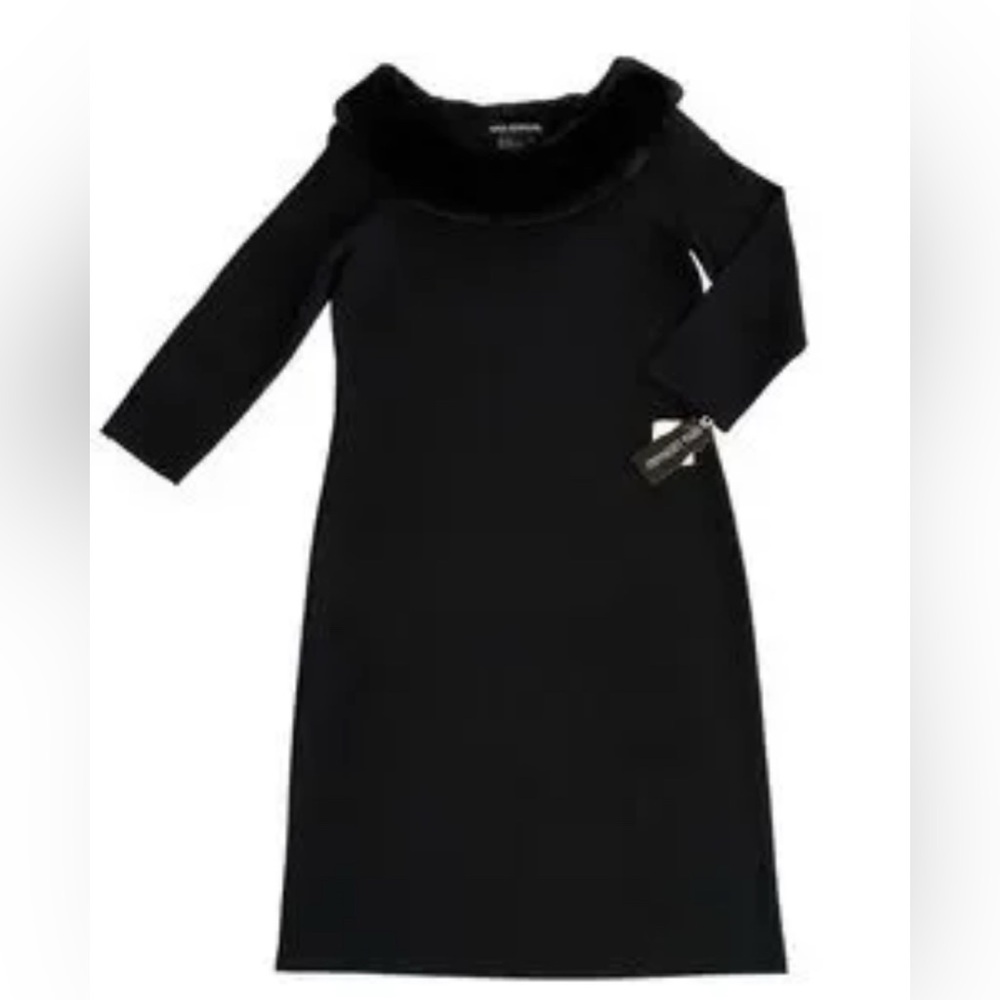 Nina Leonard Classic Black wool blend faux fur collar 3/4” sleeves  Sm